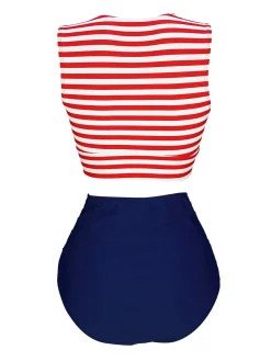 Clearance Retro Stage Red & Blue 1970s Striped Waist Tie Patchwork Swimsuit