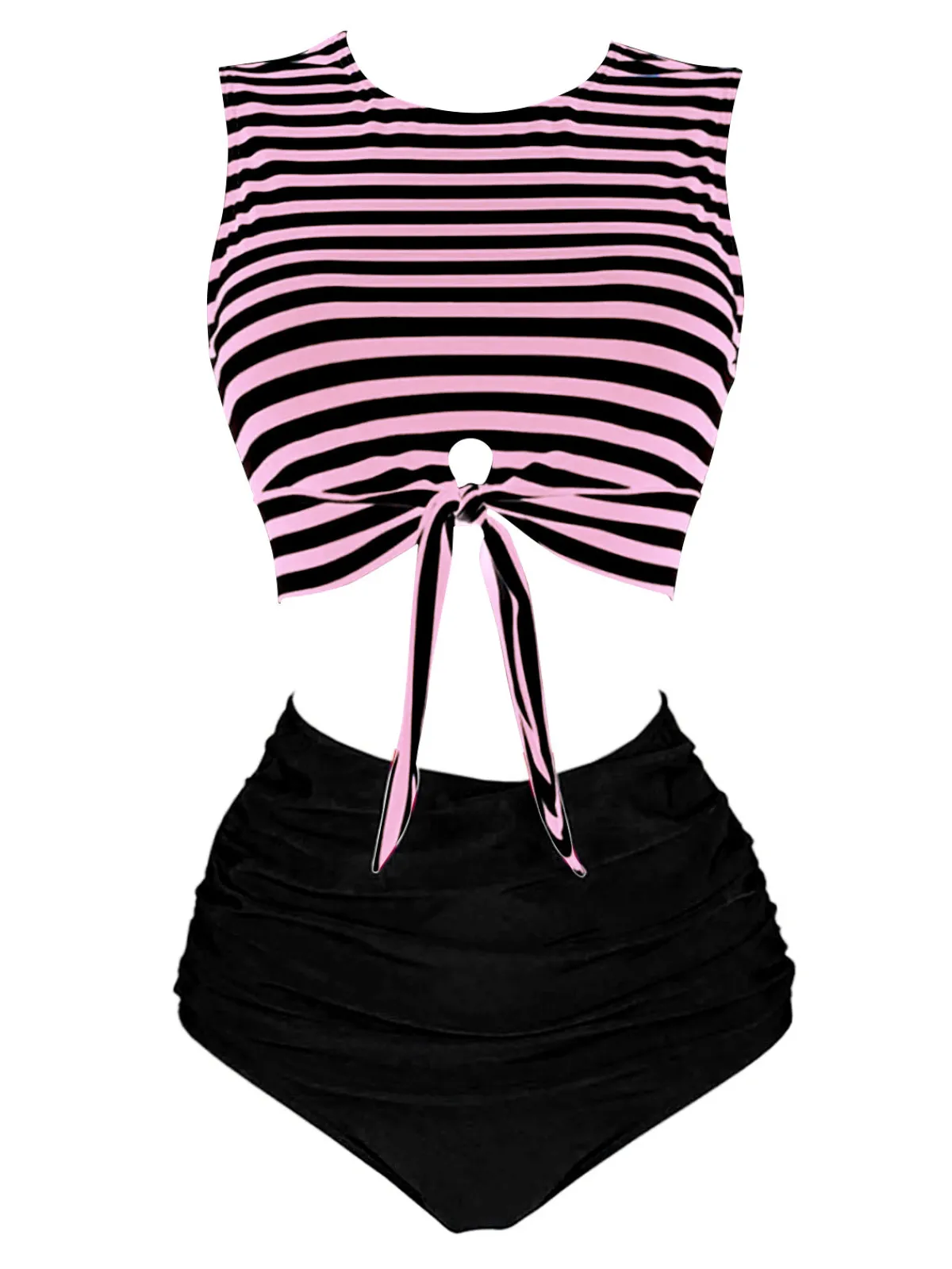 Clearance Retro Stage Red & Blue 1970s Striped Waist Tie Patchwork Swimsuit