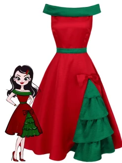 Best Retro Stage & Green 1950s Chrismtas Tree Off-Shoulder Dress Red