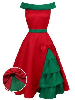 Best Retro Stage & Green 1950s Chrismtas Tree Off-Shoulder Dress Red