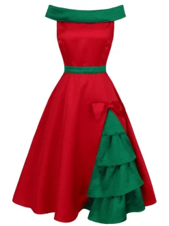 Best Retro Stage & Green 1950s Chrismtas Tree Off-Shoulder Dress Red