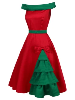 Best Retro Stage & Green 1950s Chrismtas Tree Off-Shoulder Dress Red