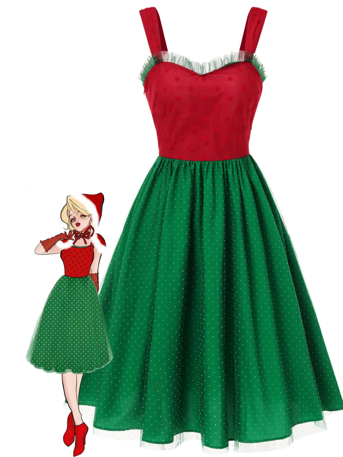 Outlet Retro Stage 1950s Christmas Polka Dots Dress Red & Green