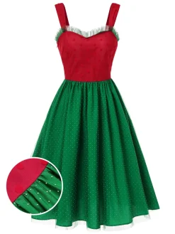 Outlet Retro Stage 1950s Christmas Polka Dots Dress Red & Green