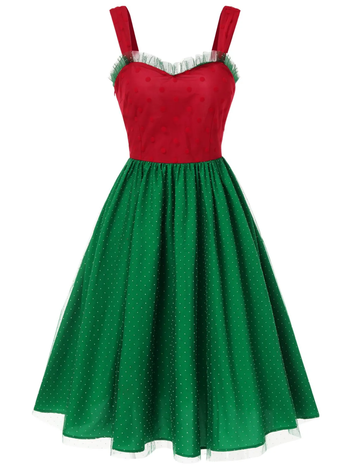 Outlet Retro Stage 1950s Christmas Polka Dots Dress Red & Green