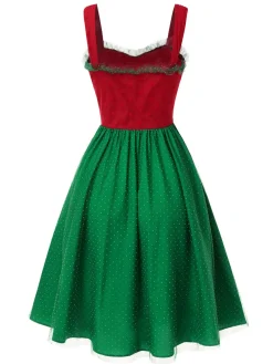 Outlet Retro Stage 1950s Christmas Polka Dots Dress Red & Green