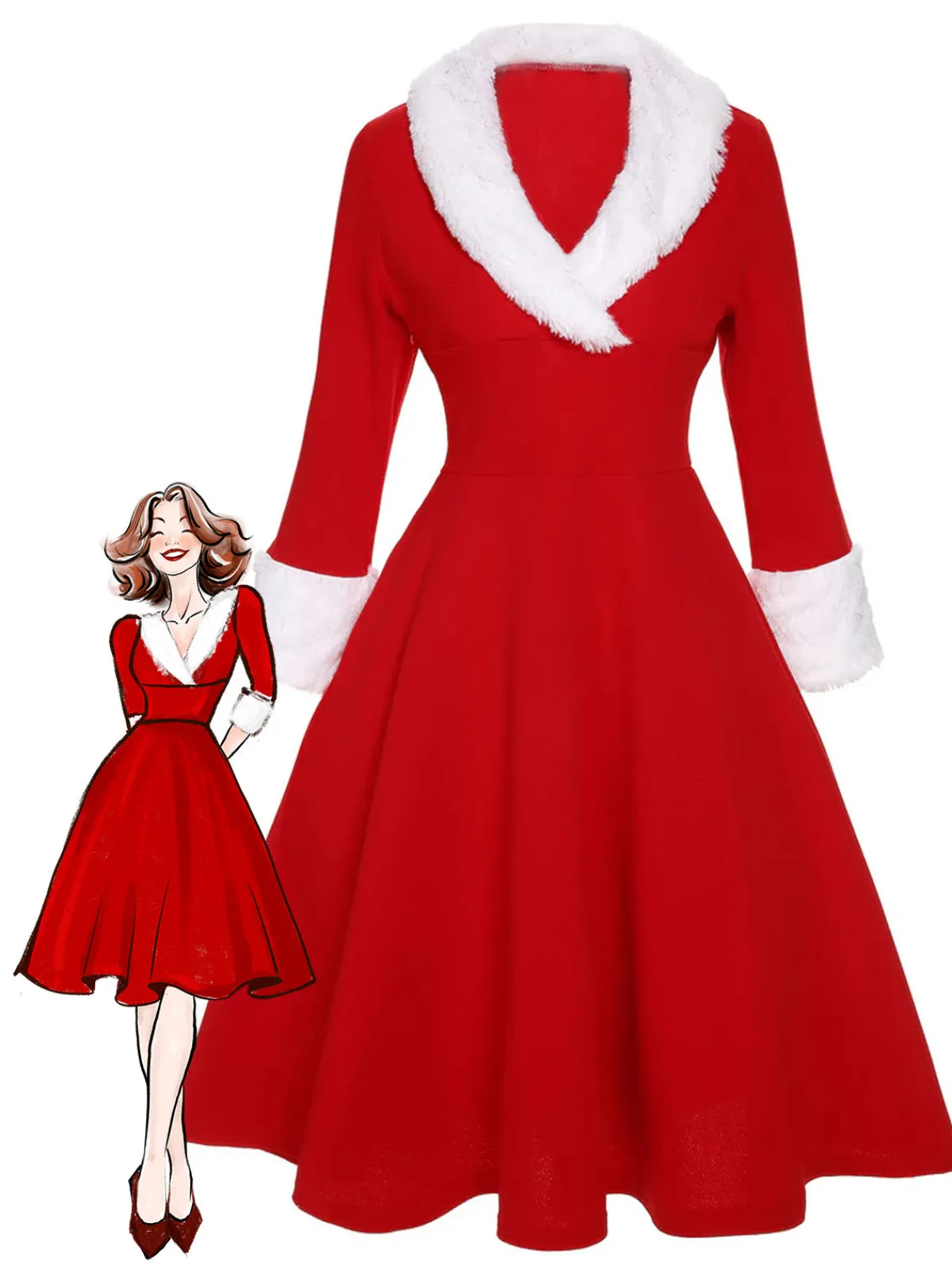 Best Retro Stage Red & White 1950s Christmas Lapel Dress