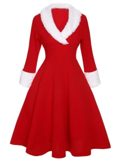 Best Retro Stage Red & White 1950s Christmas Lapel Dress