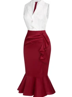 New Retro Stage 1930s Sleeveless Slit Fishtail Dress Red & White