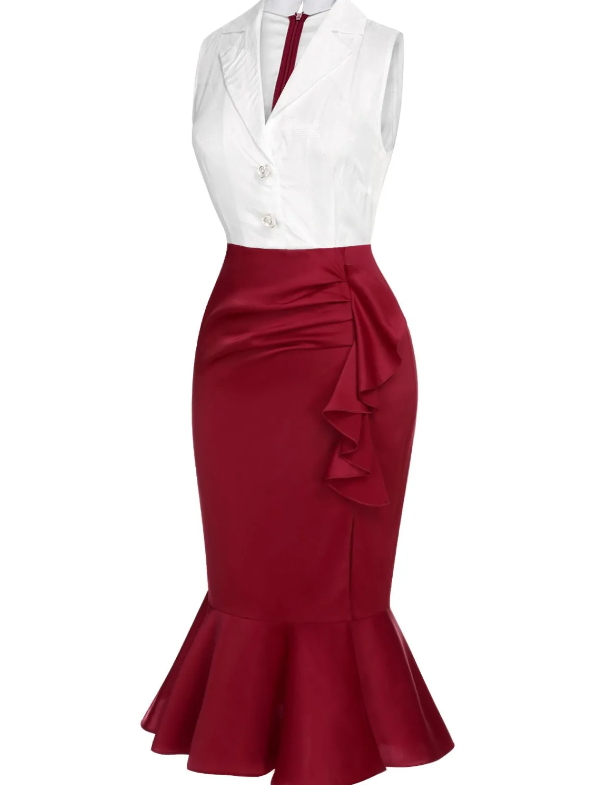 New Retro Stage 1930s Sleeveless Slit Fishtail Dress Red & White