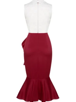 New Retro Stage 1930s Sleeveless Slit Fishtail Dress Red & White