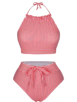 Best Retro Stage Red & White 1930s Striped Knot Halter Swimsuit Red&White