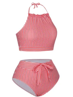 Best Retro Stage Red & White 1930s Striped Knot Halter Swimsuit Red&White