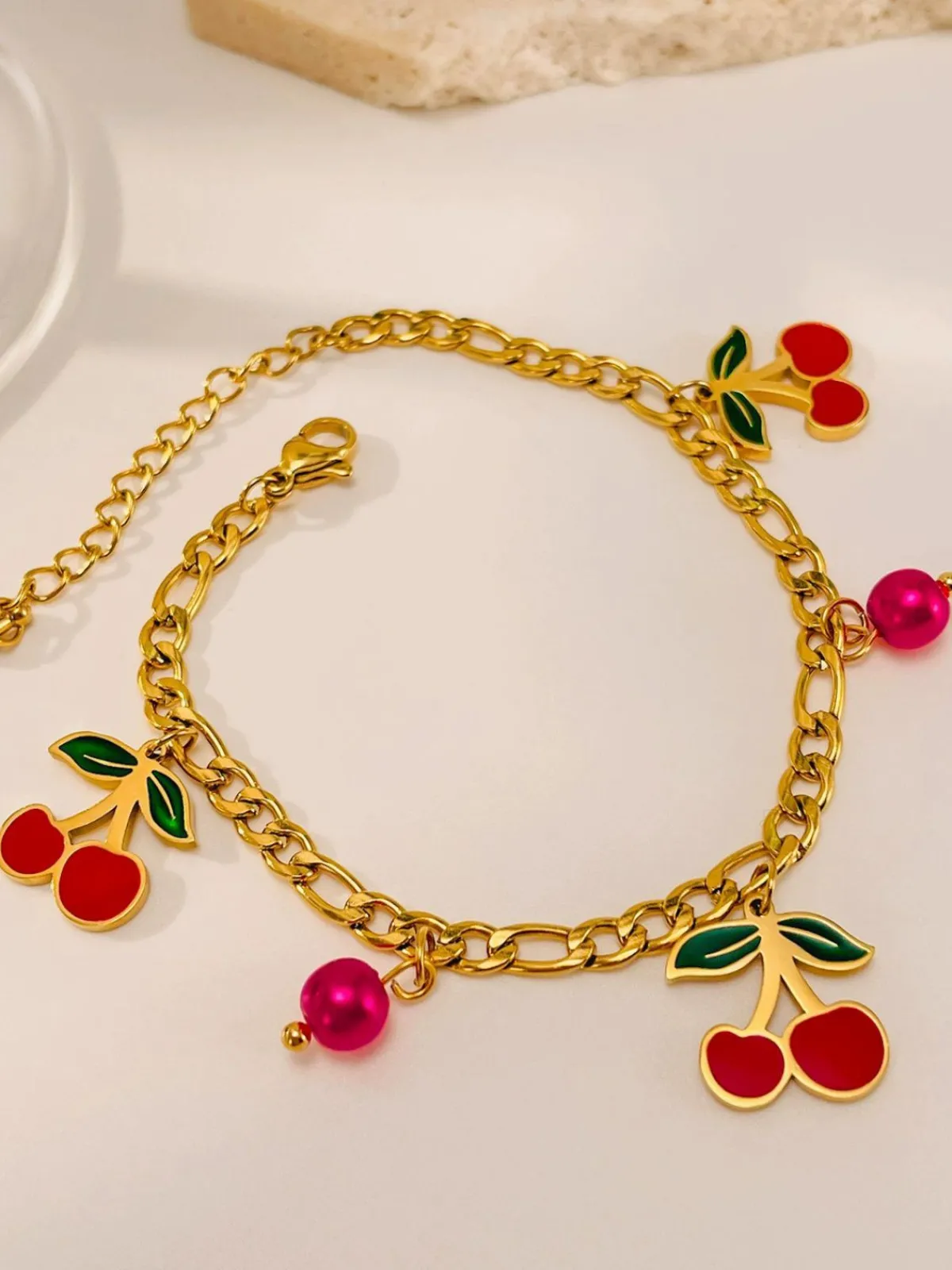 Sale Retro Stage Red Cherry Gold Chain Bracelet