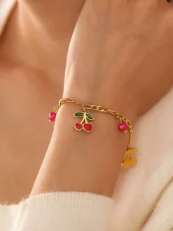Sale Retro Stage Red Cherry Gold Chain Bracelet