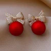 Clearance Retro Stage Red Christmas Bow Diamond Earrings