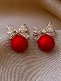 Clearance Retro Stage Red Christmas Bow Diamond Earrings