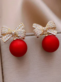 Clearance Retro Stage Red Christmas Bow Diamond Earrings