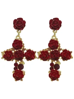 New Retro Stage Red 3D Rose Crystal Cross Earrings