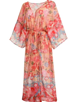 Online Retro Stage Red Floral Bohemian Lace-Up Cover Up