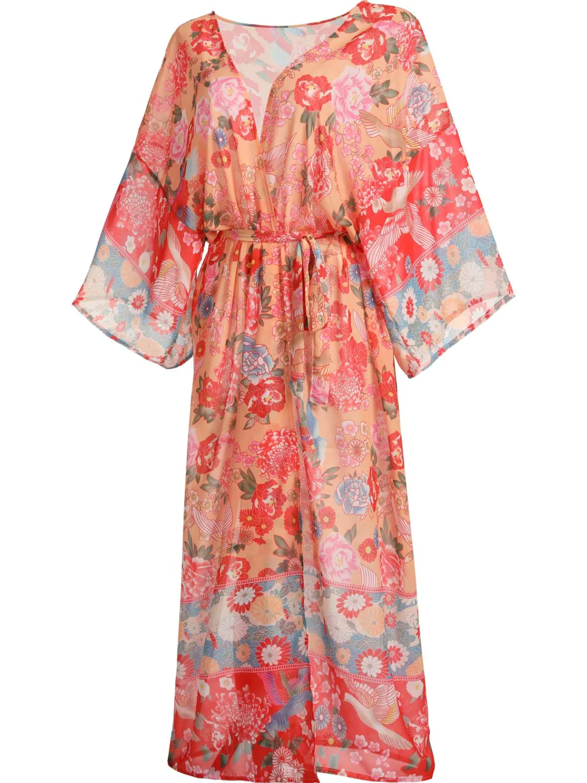 Online Retro Stage Red Floral Bohemian Lace-Up Cover Up