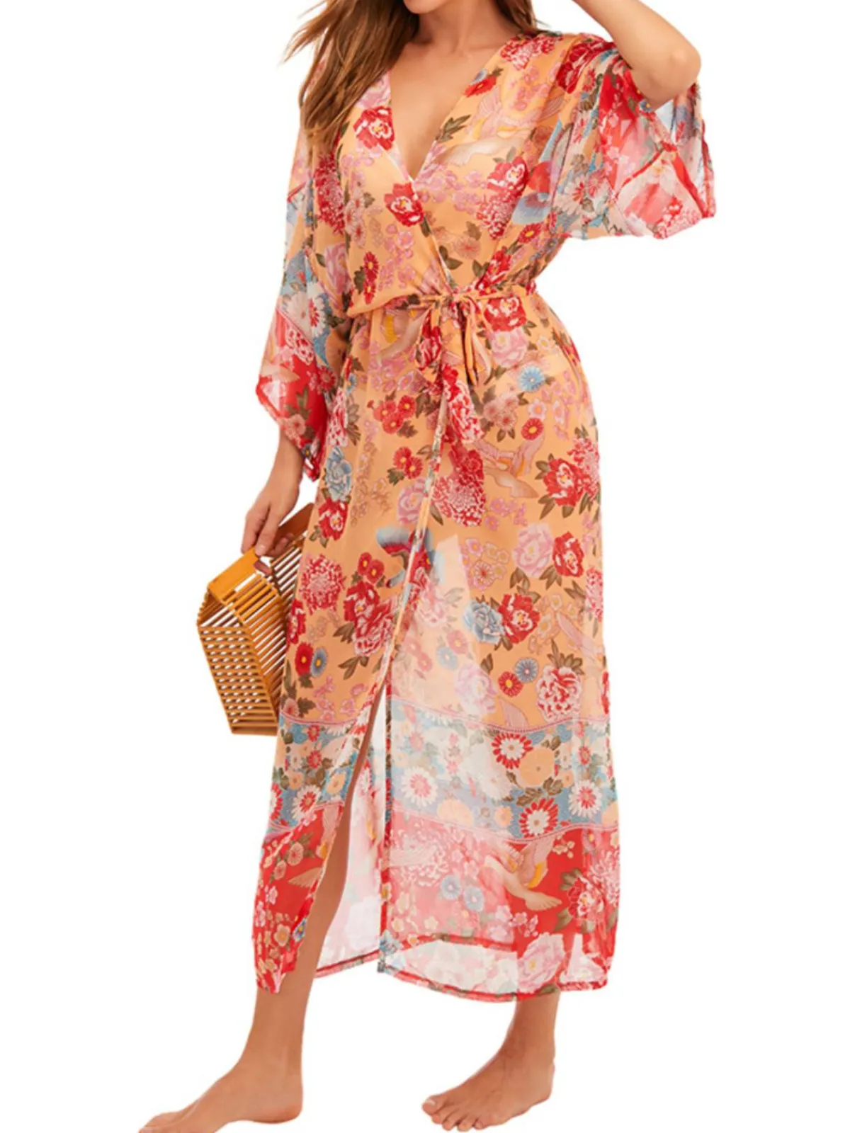 Online Retro Stage Red Floral Bohemian Lace-Up Cover Up
