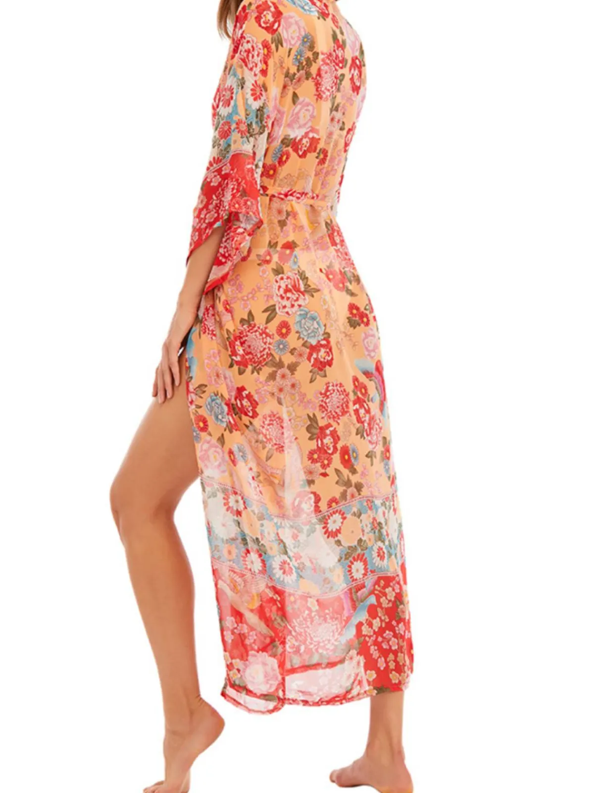 Online Retro Stage Red Floral Bohemian Lace-Up Cover Up