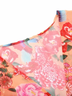 Online Retro Stage Red Floral Bohemian Lace-Up Cover Up