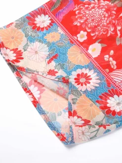 Online Retro Stage Red Floral Bohemian Lace-Up Cover Up