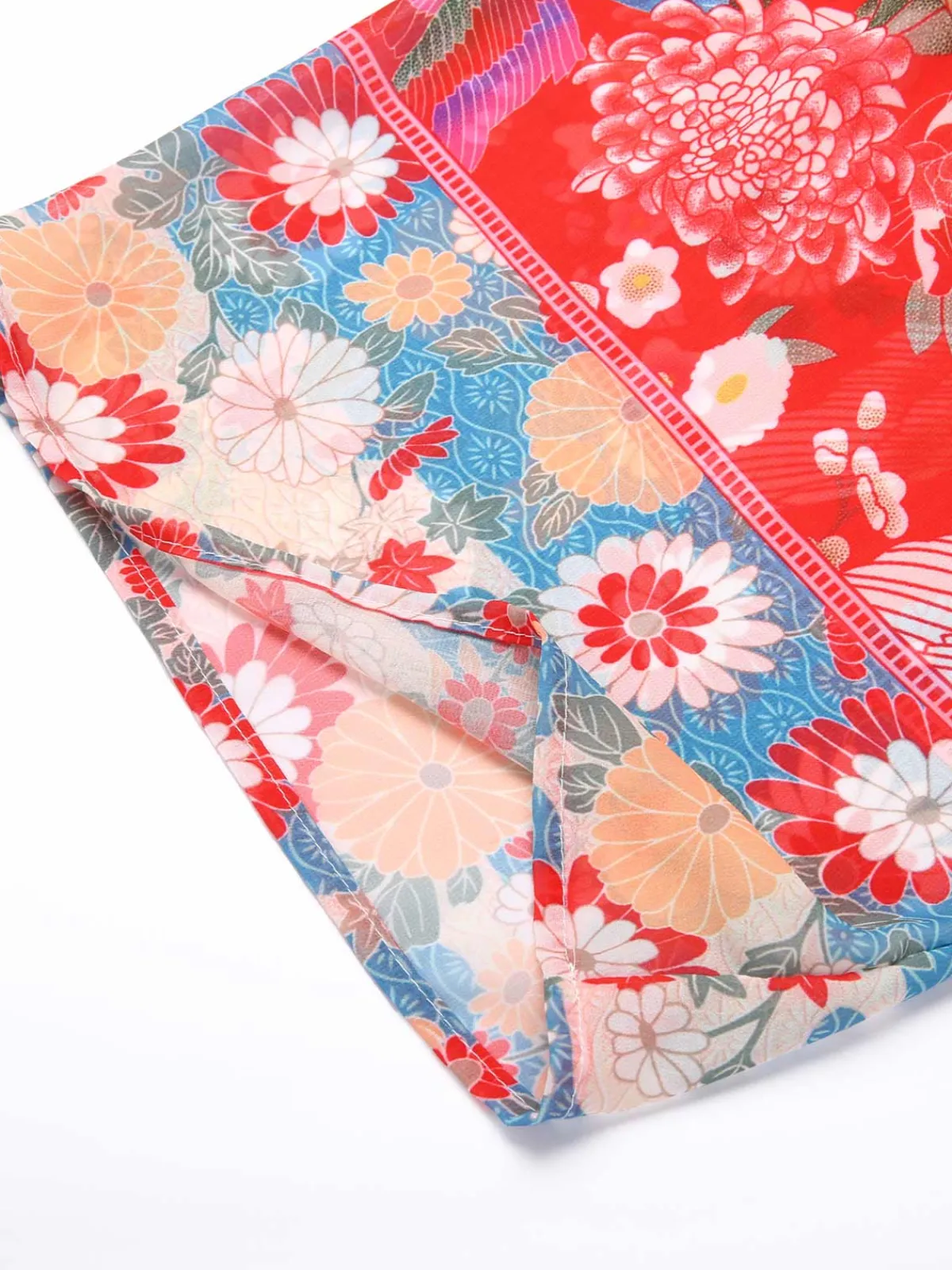 Online Retro Stage Red Floral Bohemian Lace-Up Cover Up