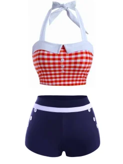 Outlet Retro Stage Plaid Halter Turndown Collar Swimsuit Red