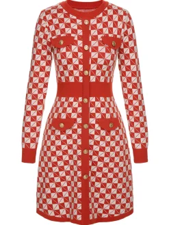 Best Retro Stage 1940s Argyle Check Knitted Pencil Dress Red