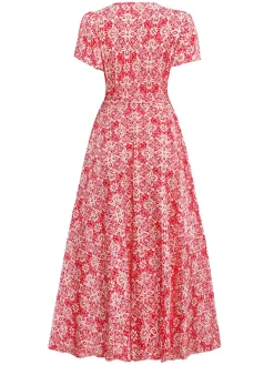 Best Retro Stage 1940s Boho Floral Wrap Dress Red