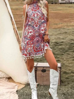 Outlet Retro Stage 1970s Boho Printed Halter Fringe Dress Red