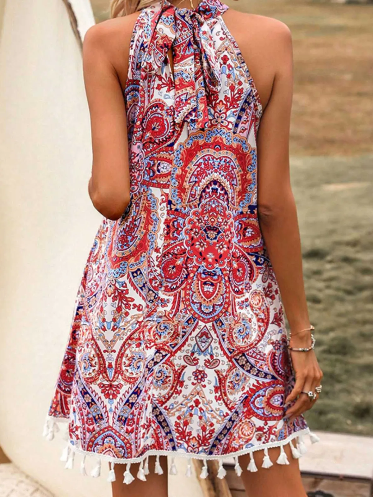 Outlet Retro Stage 1970s Boho Printed Halter Fringe Dress Red