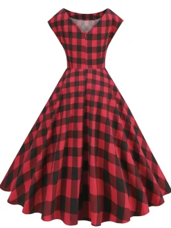 Discount Retro Stage 1950s Buffalo Plaids Swing Dress Red