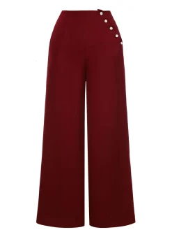 New Retro Stage Red 1950s Button Wide leg Pants Burgundy
