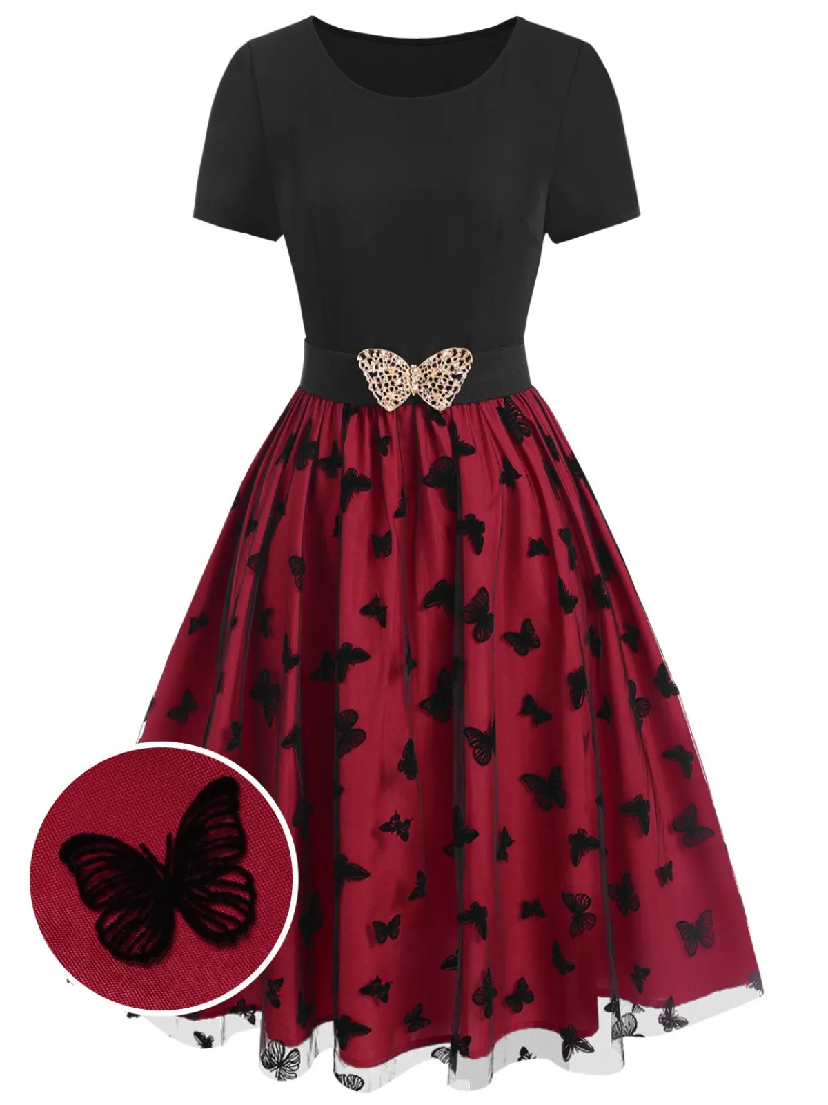 Sale Retro Stage 1950s Butterfly Embroide Mesh Patchwork Dress Red
