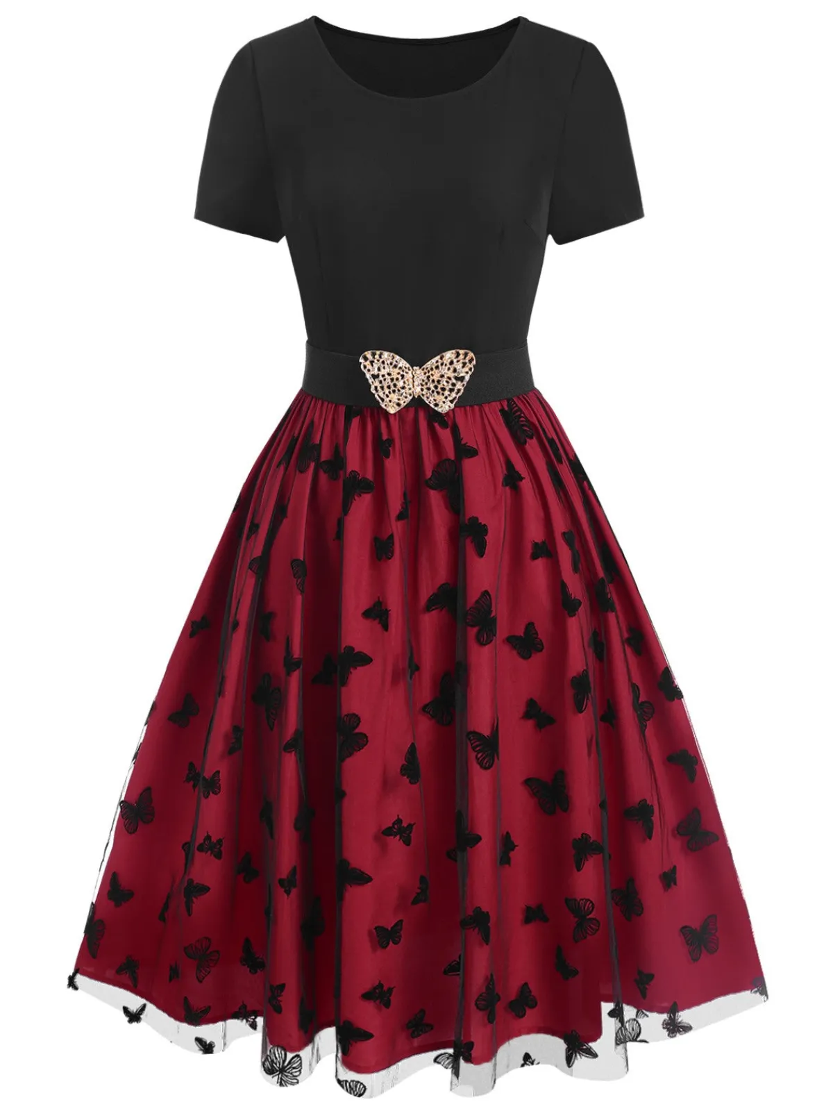 Sale Retro Stage 1950s Butterfly Embroide Mesh Patchwork Dress Red