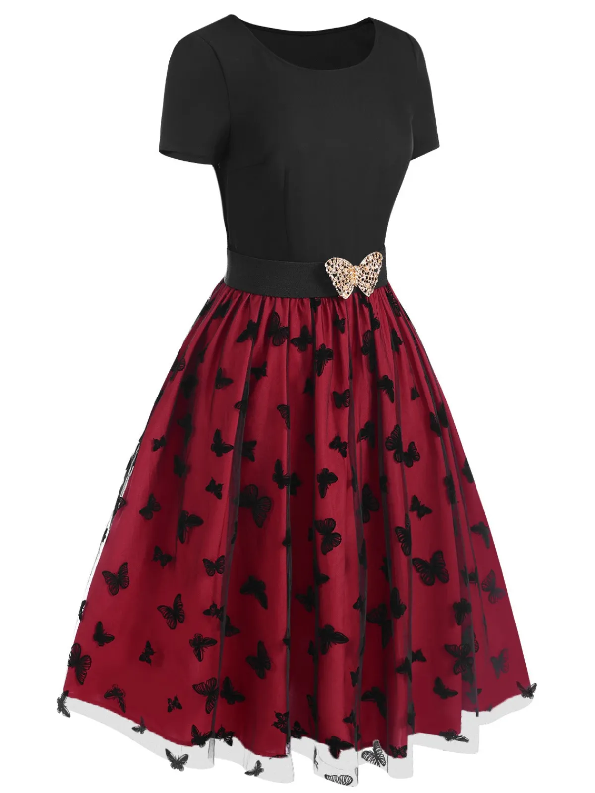 Sale Retro Stage 1950s Butterfly Embroide Mesh Patchwork Dress Red