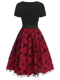 Sale Retro Stage 1950s Butterfly Embroide Mesh Patchwork Dress Red