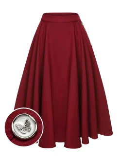 Fashion Retro Stage 1940s Buttoned Solid Skirt Red