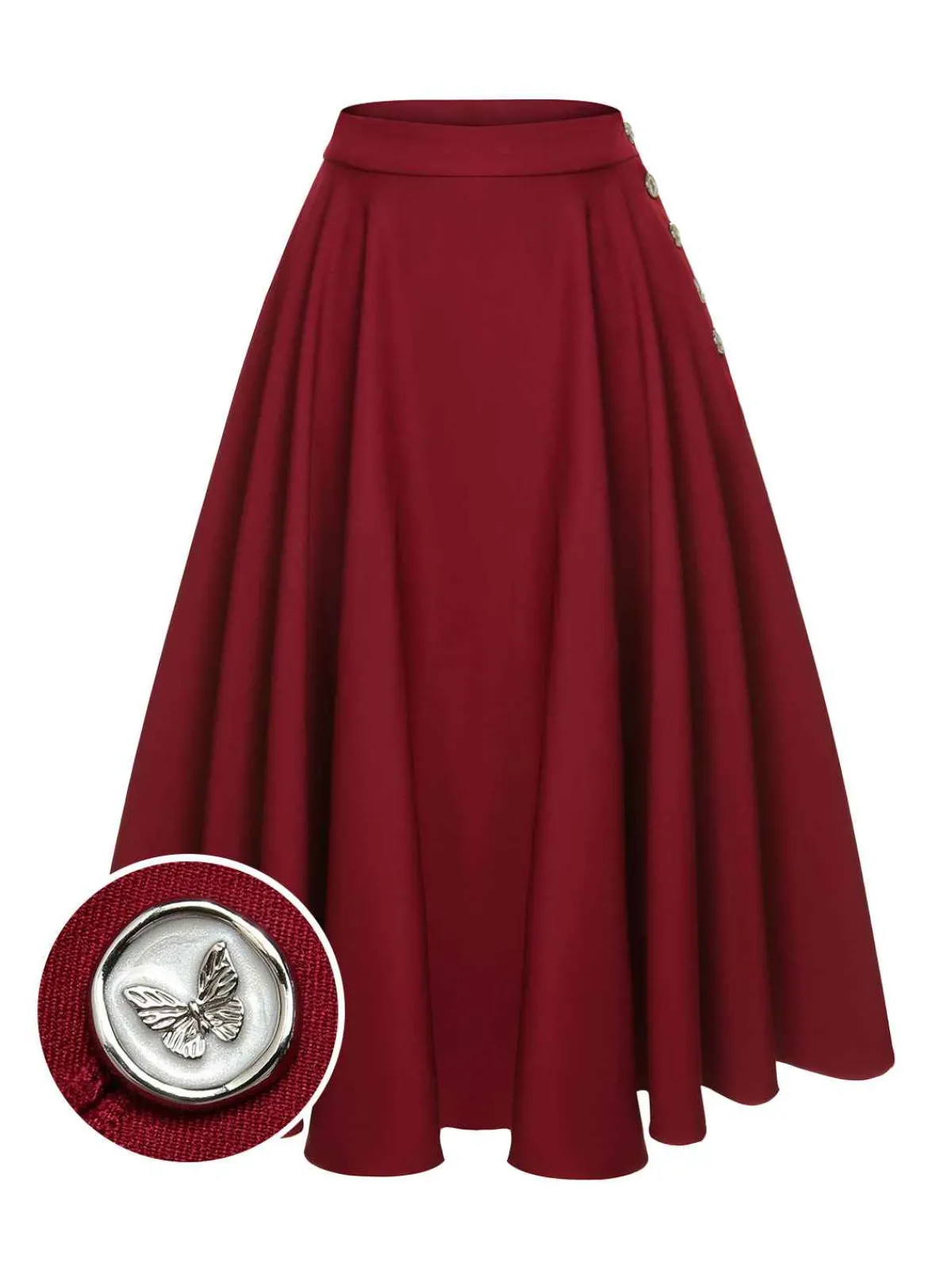 Fashion Retro Stage 1940s Buttoned Solid Skirt Red