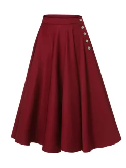 Fashion Retro Stage 1940s Buttoned Solid Skirt Red