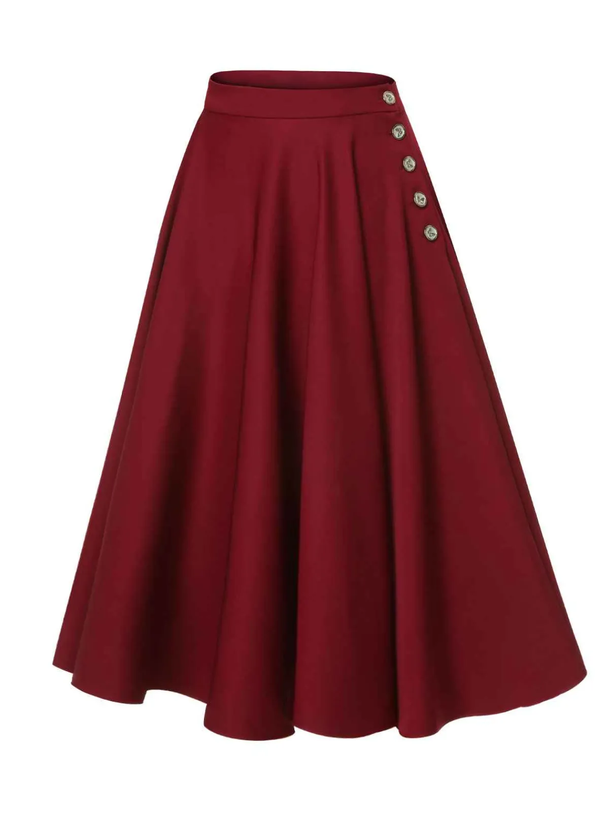 Fashion Retro Stage 1940s Buttoned Solid Skirt Red
