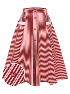 Best Retro Stage 1940s Buttoned Stripes Skirt Red