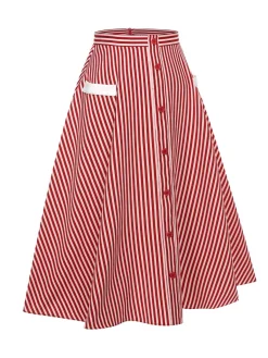 Best Retro Stage 1940s Buttoned Stripes Skirt Red