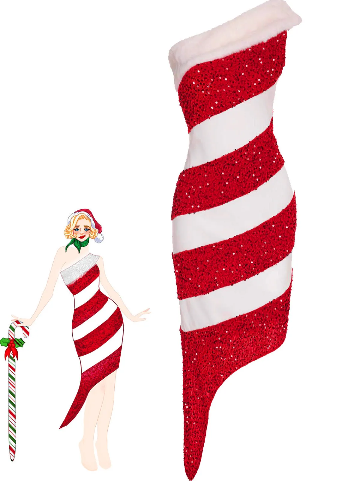 Sale Retro Stage Red 1960s Candy Cane One-Shoulder Dress