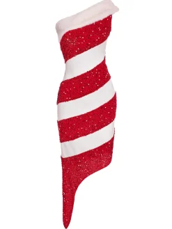 Sale Retro Stage Red 1960s Candy Cane One-Shoulder Dress