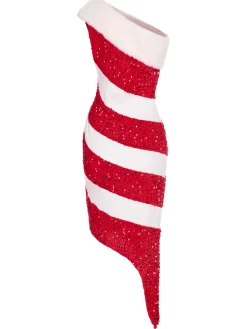 Sale Retro Stage Red 1960s Candy Cane One-Shoulder Dress